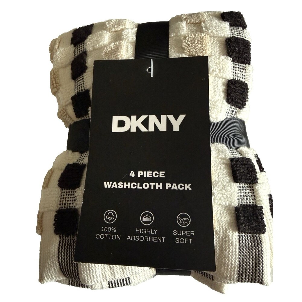 DKNY Facecloths Washcloths Set of 4 Black Beige White Check 100% Cotton Soft